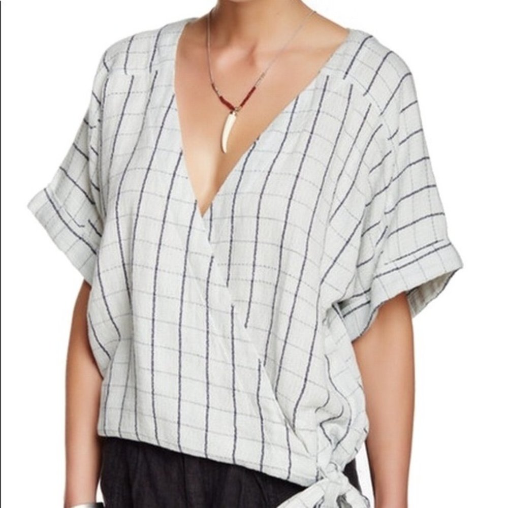 Free People White Blue Cloud Grid Print Side Tie Linen Blend Blouse XS